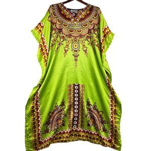 Sante Classics Womens OS Caftan MuMu Maxi Poncho Dress Coverup Green Ethnic NWT